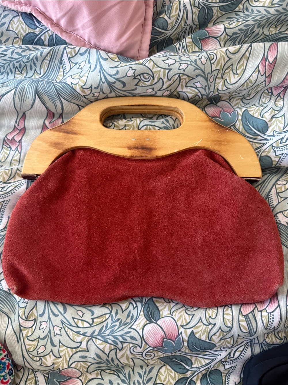 Vintage Rust Suede Wooden-Handle Clutch - Picture 3 of 6